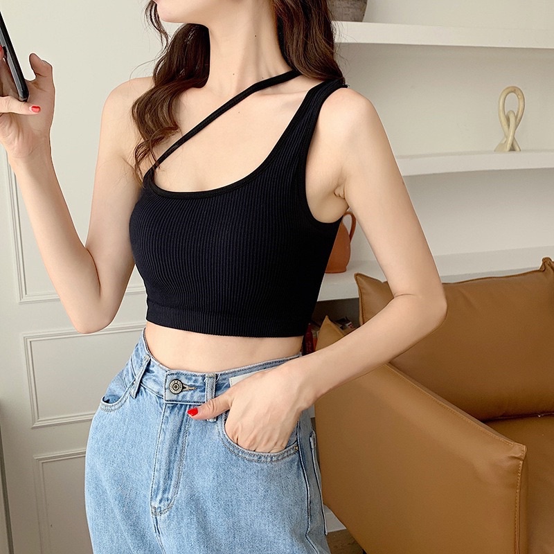 Áo Croptop Hai Dây Chéo Lệch Vai Dáng Ôm Hở Vai Có Mút Đệm Ngực Phong Cách Hàn Quốc Thời Trang Quyến Rũ