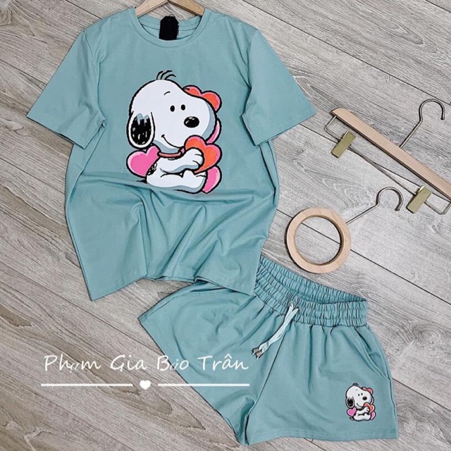 Bộ nữ thun cộc tay quần sooc in hình cún snoopy