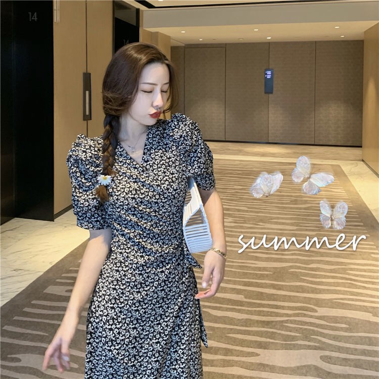 One piece chiffon small floral bandage V-neck puff sleeve dress children's long waist waist summer new 2021