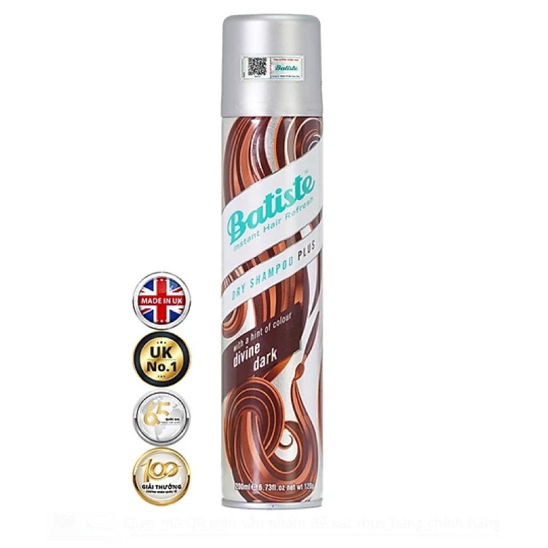 DẦU GỘI KHÔ BATISTE DÀNH CHO TÓC ĐEN - BATISTE DRY SHAMPOO PLUS WITH A HINT OF COLOUR DIVINE DARK 200ML