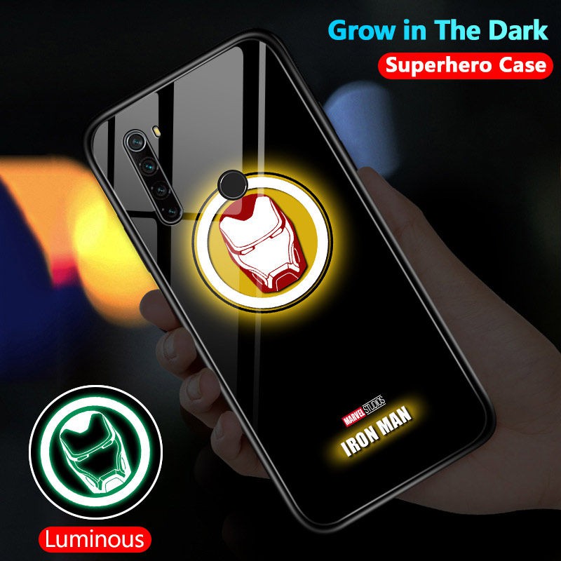 Ốp điện thoại kính dạ quang in hình Marvel Avengers cho Xiaomi Redmi Note 9S 9T 9 7 8 Pro