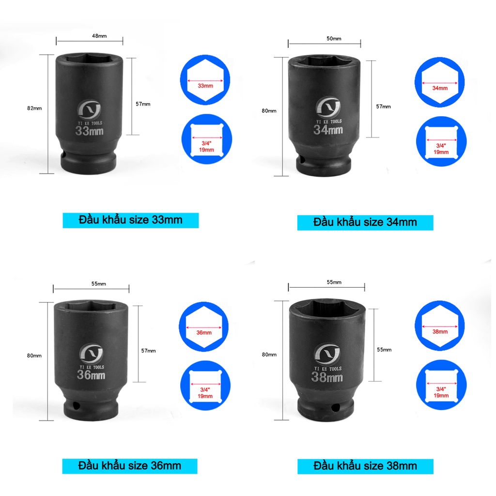 Bộ 7 đầu khẩu 3/4 inch mở ốc lục giác 27-32-33-34-41-50-55mm dài 80mm thép CR-Mo - tuýp mở siết bulong