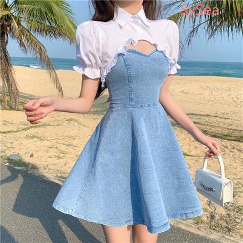 Set đầm denim + áo kiểu dáng ôm phong cách Pháp retro thời trang ngọt ngào cho nữ