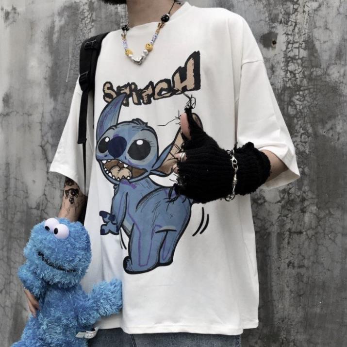 Áo thun cổ tròn form rộng tay lỡ in Stitch Unisex nam nữ đều mặc được
