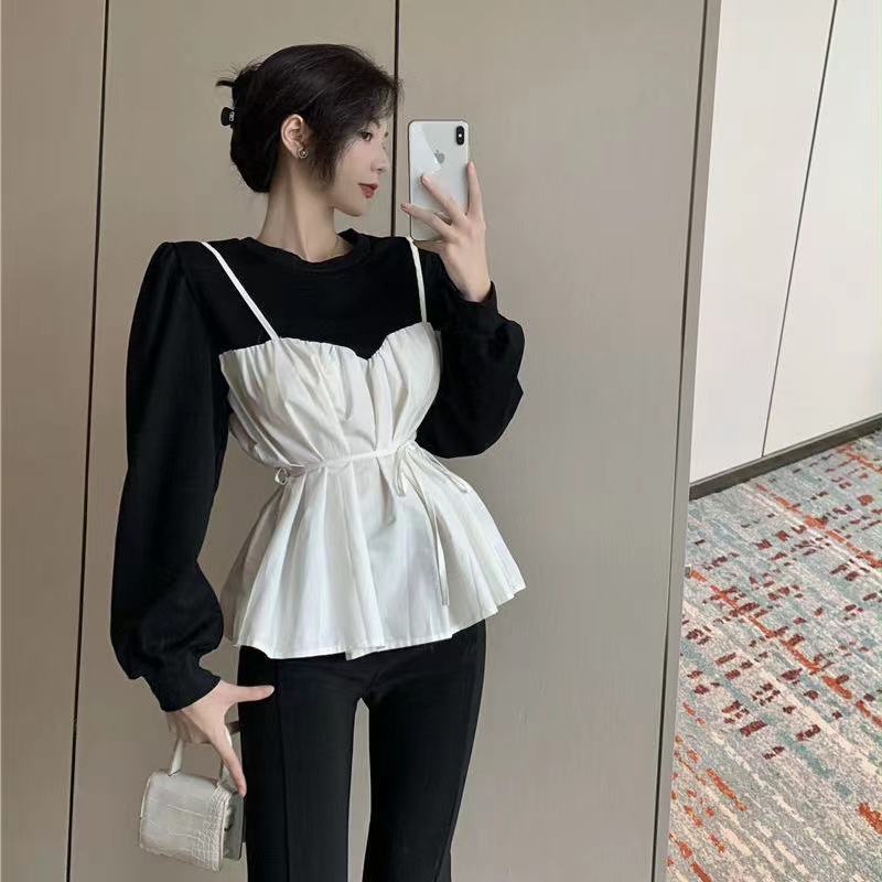 Áo Kiểu Tay Dài Cổ Tròn Nhấn Eo Phong Cách retro Thời Trang Hàn Quốc Cho Nữ