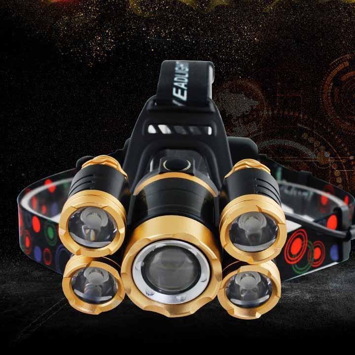 [FREESHIP] Đèn pin đội đầu 5 bóng LED T6 gồm 3 chế độ sáng + Tặng kèm 2 pin sạc và sạc