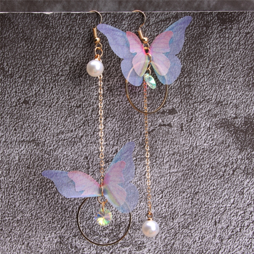Khuyên tai hợp kim dáng dài hình bướm đính ngọc trai thời trang cho nữ