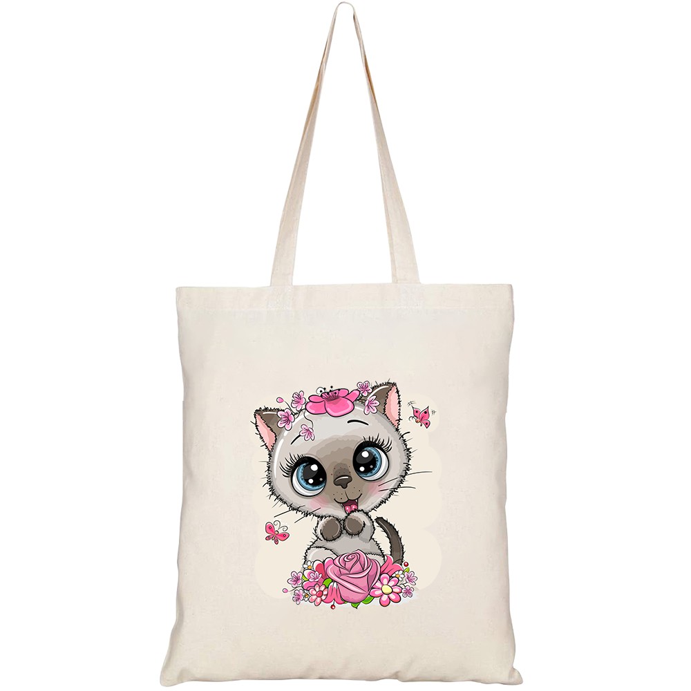 Túi vải tote canvas HTFashion in hình cute cartoon siamese kitten flowers HT370