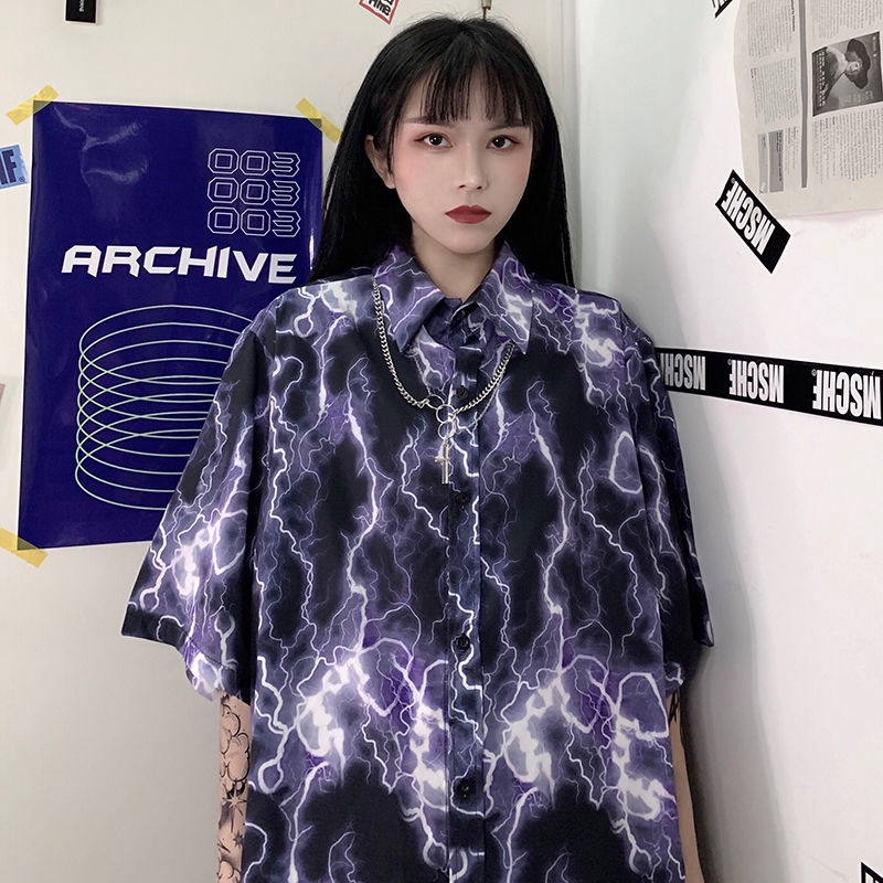 Áo Sơ Mi Tay Ngắn Dáng Rộng In Hình Tia Chớp Kiểu Harajuku Cá Tính Cho Nam | BigBuy360 - bigbuy360.vn