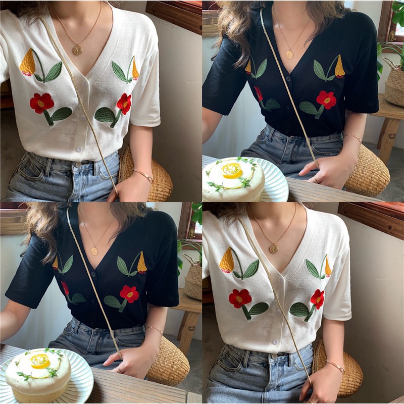 Áo sơ mi tay ngắn cổ chữ V Xiaozhainv hoạ tiết thêu thiết kế dáng rộng cho phái nữ