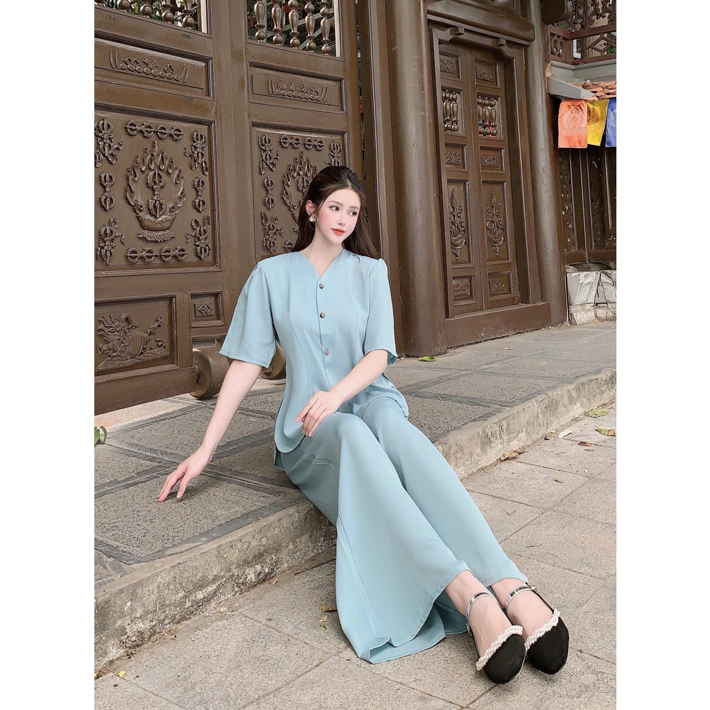Set đồ Lam phật tử tay lỡ lụa mango trơn