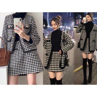 Set áo khoác cổ tròn và chân váy dạ tweed kẻ trắng đen cổ điển hàng đep [Ảnh thật 3-9]