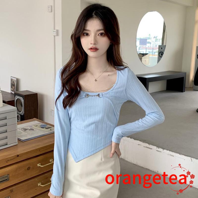 Áo Croptop Tay Dài Cổ Chữ U Màu Sắc Thời Trang Cho Nữ