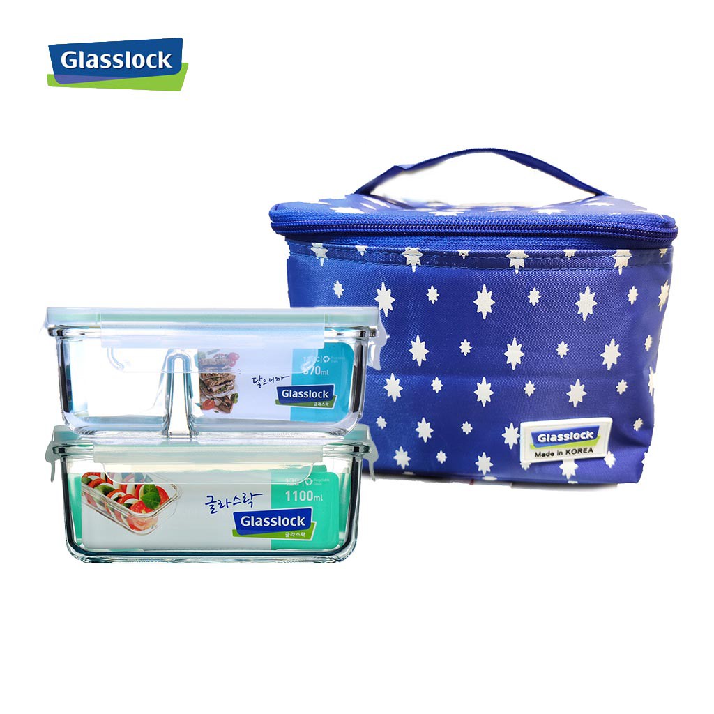 Bộ hộp thủy tinh 1100ml, hộp chia ngăn 670ml và túi giữ nhiệt Glasslock hình sao