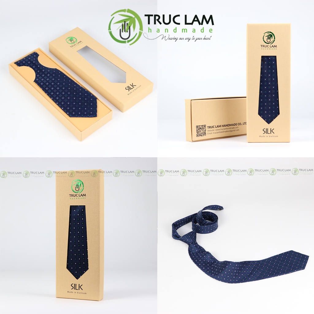 Cà Vạt Lụa 8cm Cho Nam Cao Cấp Họa Tiết Chấm Vuông Xanh Sang Trọng MS3 - Trúc Lâm Handmade