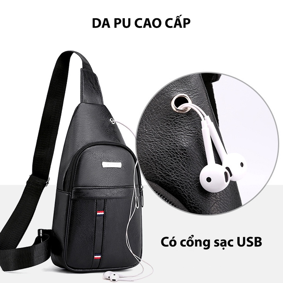 Túi Đeo Chéo Nam Mini, Túi Bao Tử Da Nam Cao Cấp D23, Đeo Trước Ngực, Chống Nước, Có Cổng Sạc, 3 Ngăn, Thời Trang