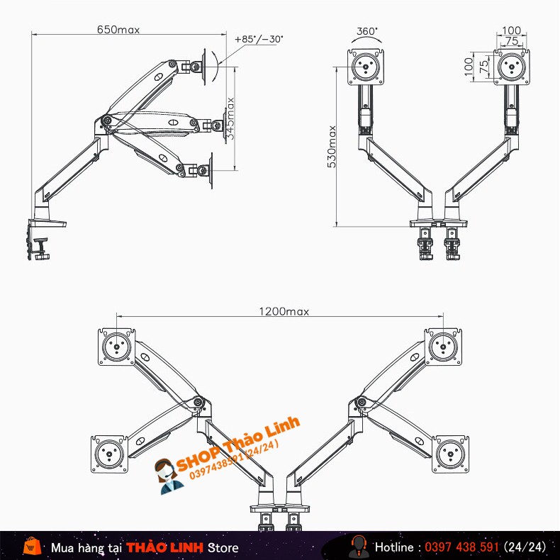Giá Treo Màn Hình NB-F195A Xoay Màn 360 Độ - Hỗ Trợ Màn 22-32 INCH - Tải Trọng 12Kg