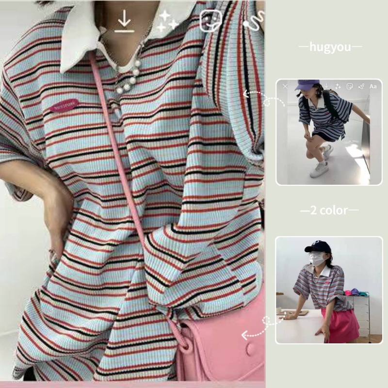 Áo thun polo tay ngắn dáng rộng họa tiết kẻ sọc phong cách Hàn quốc thời trang dễ thương cho nữ