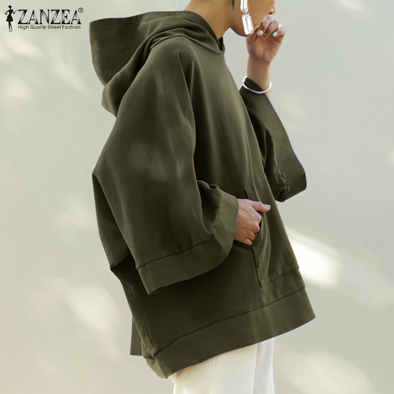 Áo hoodie ZANZEA màu trơn tay áo rộng phối túi mặt trước thời trang mùa đông cho nữ