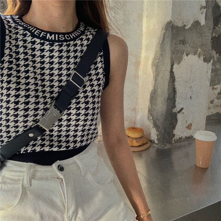 Áo Vest Họa Tiết Houndstooth Hàn Quốc 185245 Áo Không Tay Kiểu Dáng Preppy Theo Phong Cách Retro