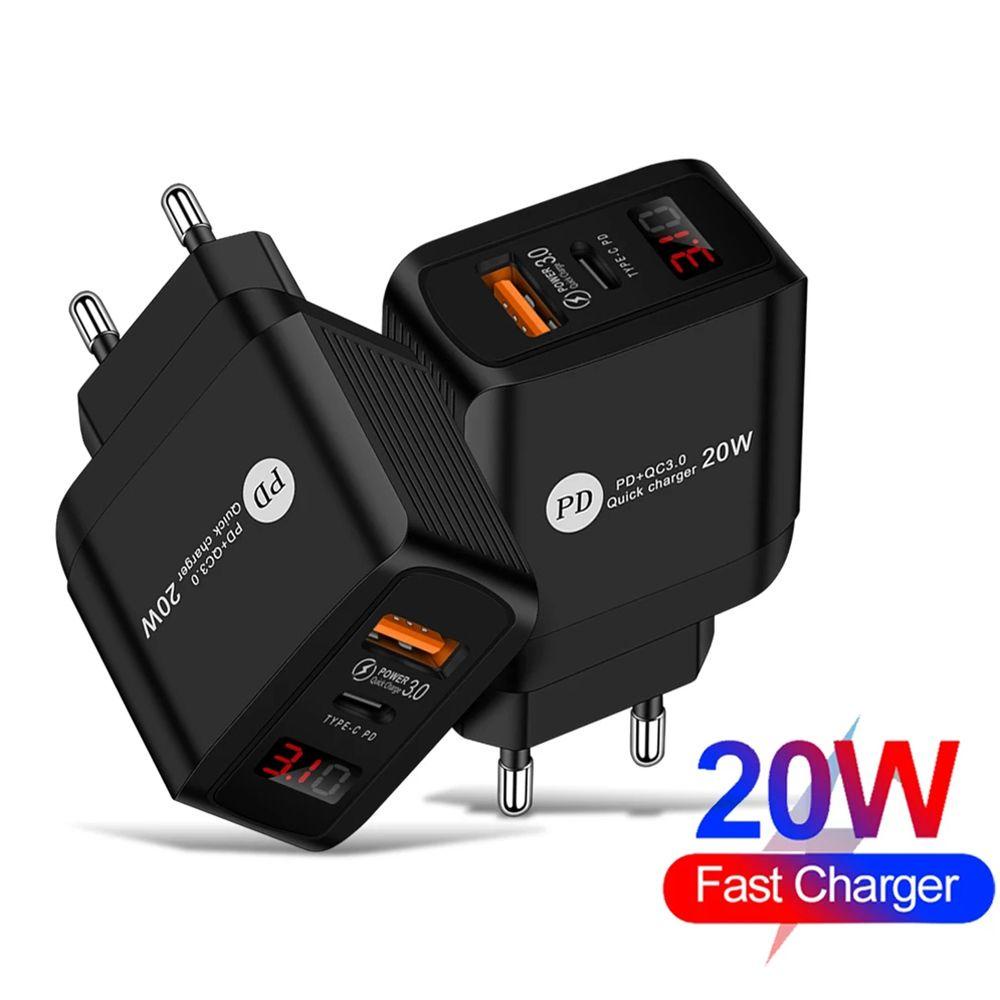 Cốc Sạc Điện Thoại Hai Cổng Type C Có Đèn LED 20W Phích Cắm US / EU / UK