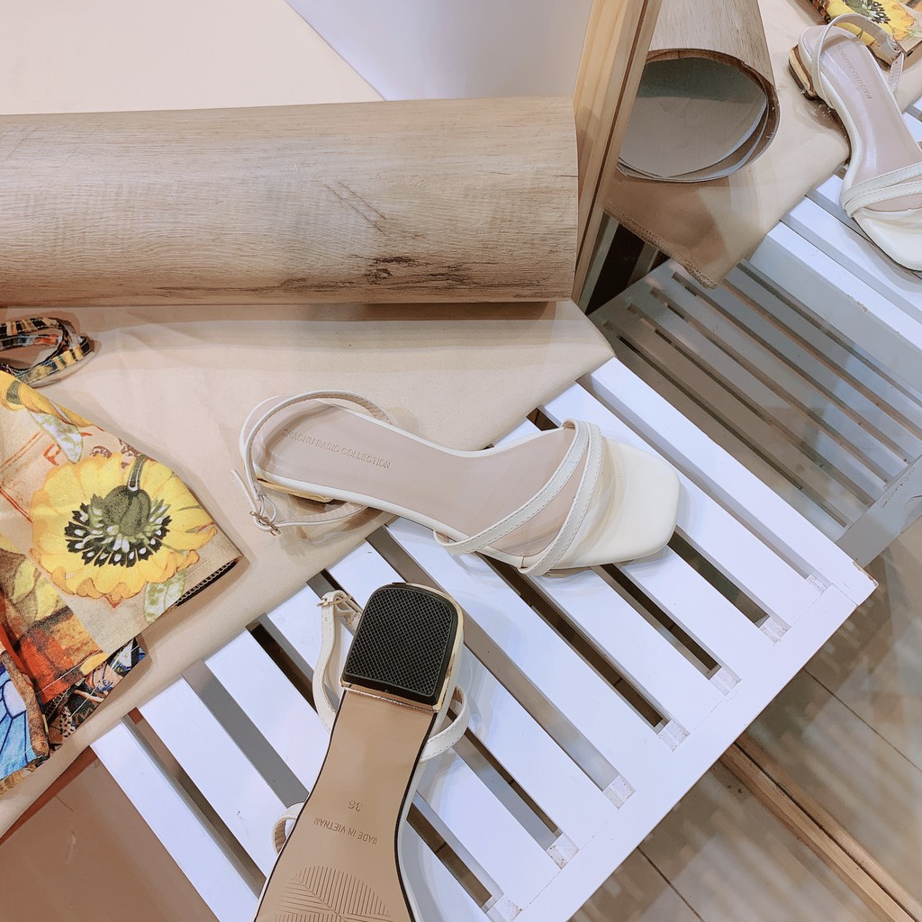 Sandal nữ 2 dây mảnh vát chéo gót vuông 3 phân phối viền vàng