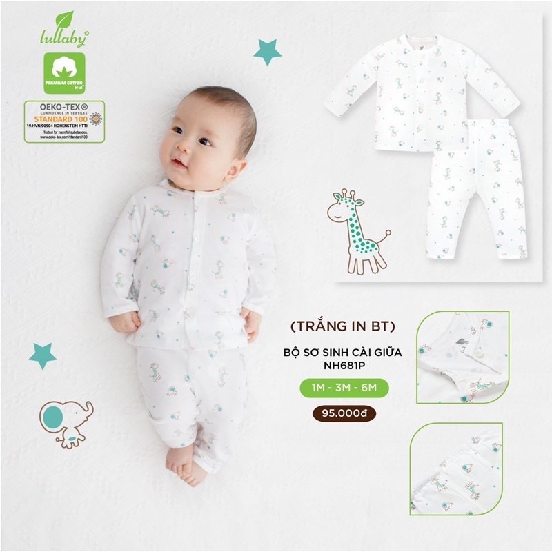 [Xả hàng]Bộ cài giữa dài tay sơ sinh cotton Lullaby [NH605P-NH606P] (Sz 1-6m)