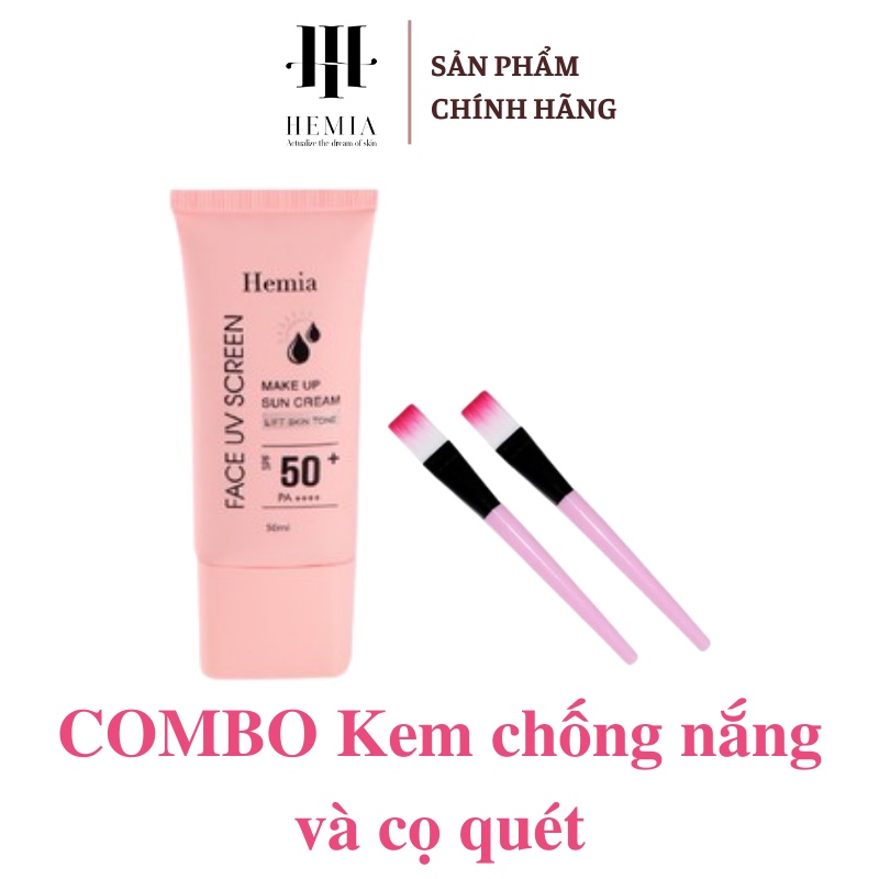 Combo Kem chống nắng 50ml SPF50+ PA++++ và cọ quét mặt nạ Hemia giúp da thấm mướt nhanh, mịn màng