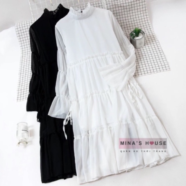 Váy babydoll trắng xếp tầng / mina’s house