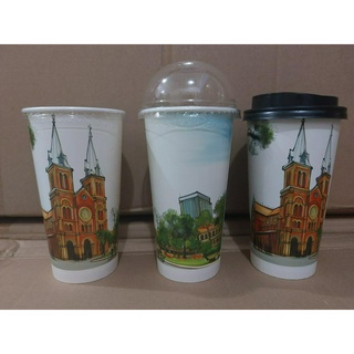 Ly giấy 22oz - 650ml mẫu Nhà Thờ Đức Bà, Set 100 cái kèm nắp