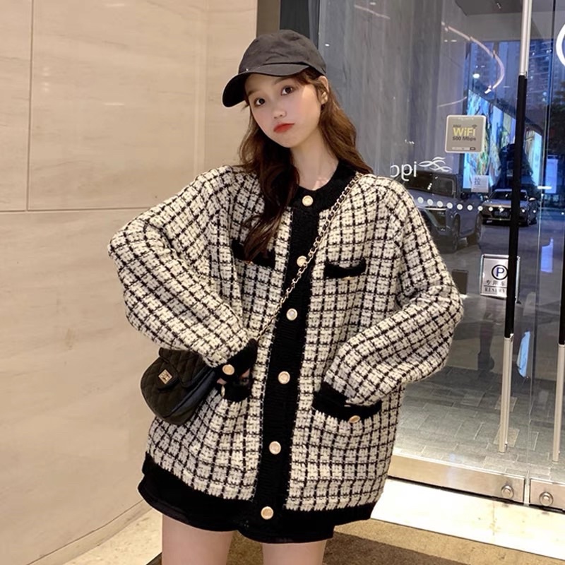 Áo Khoác Len Cardigan Kẻ Caro Viền Cực Xinh