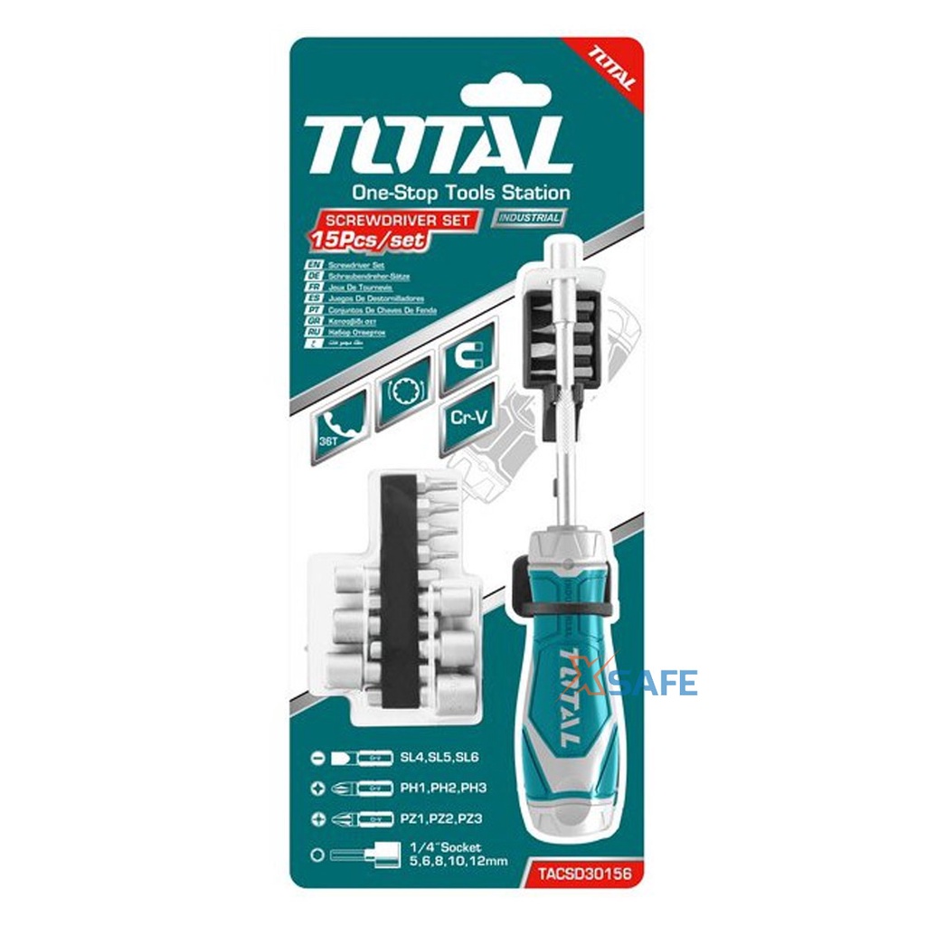 Bộ tua vít 15 đầu TOTAL TACSD30156 nhỏ gọn, đa năng, chất liệu CR-V chịu được lực cao, 2 chiều tự động - chính hãng