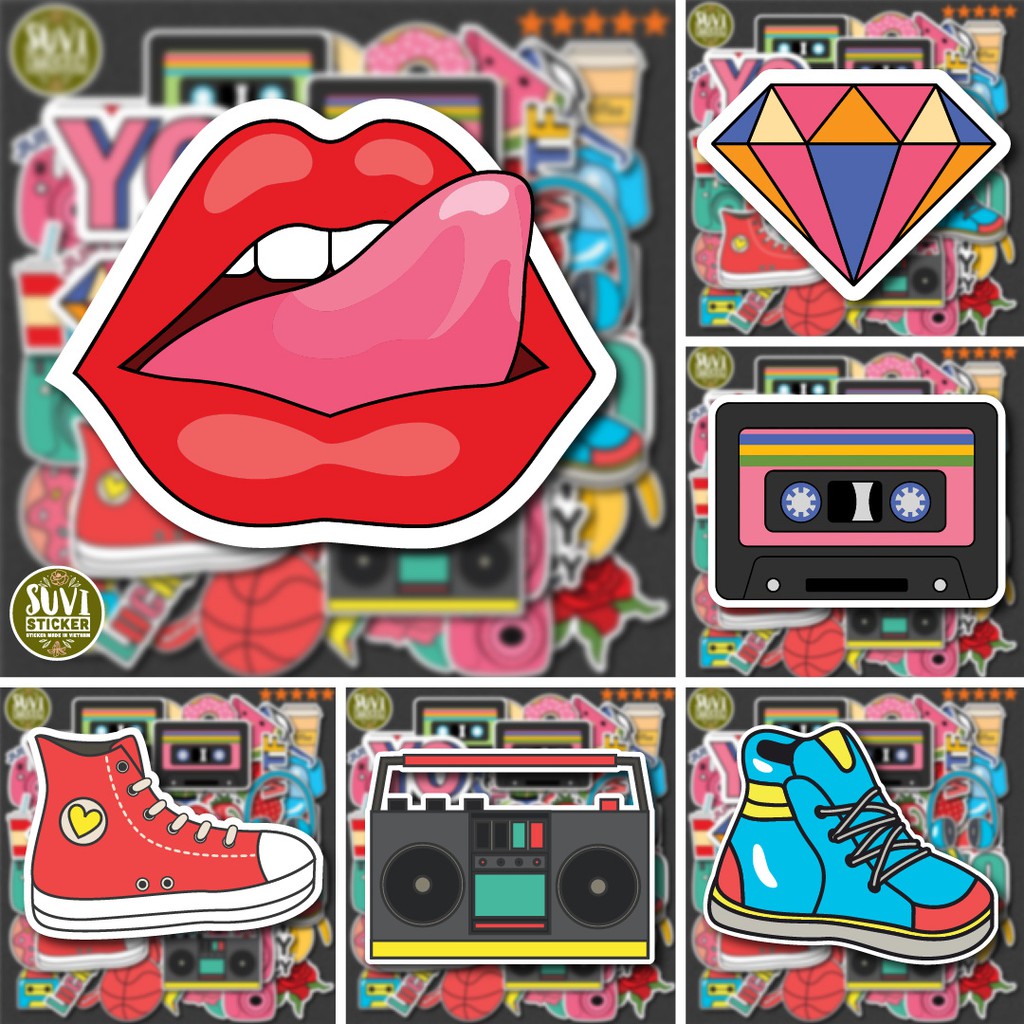 50 Sticker Nhiều Thể Loại chống nước sticker dán mũ bảo hiểm, laptop, điện thoại, đàn guitar, vali. MSP: NS23