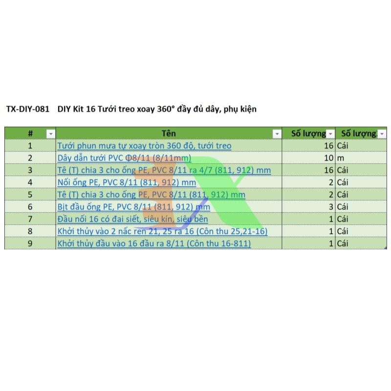 Bộ Kit 16 Dây tưới treo xoay 360° đầy đủ dây, phụ kiện TX-DIY-081, Béc tưới lan, rau hoa tự lắp DIY