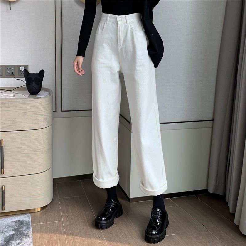 LEEVA - Jeans trắng suông form rộng cá tính Q016