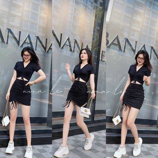 Set thun bozip áo rút dây ngực chân váy rút bên xinh