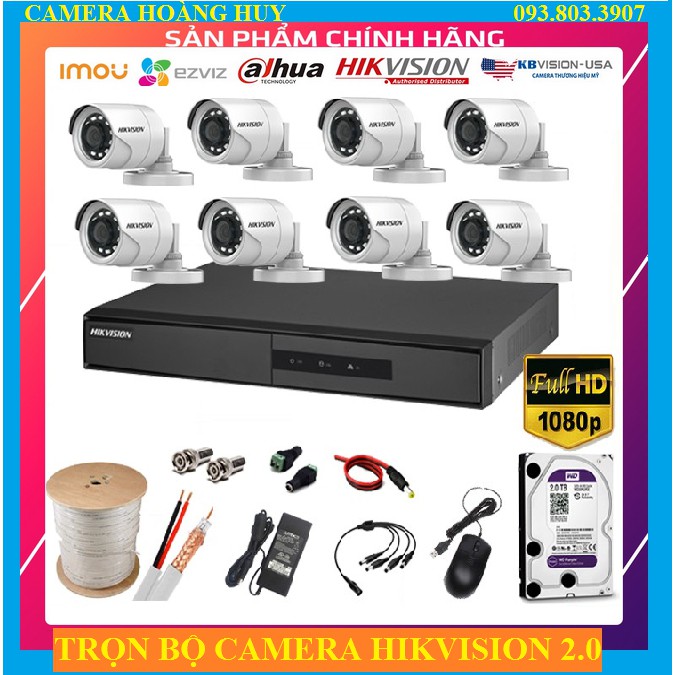 Trọn Bộ  Camera giám sát HIKVISION 2.0MP-1080P Chính hãng, Kèm ổ HDD & Đầy đủ phụ kiện lắp đặt - HD