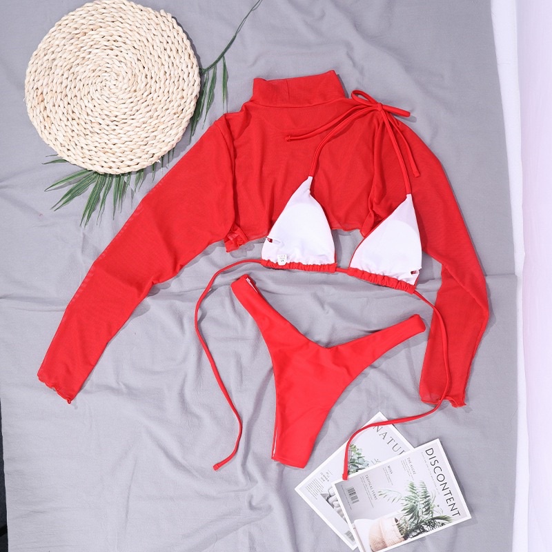 BDY3111151 - Bikini Đỏ Kèm Áo Voan Cổ Lọ Phong Cách - Đồ Bơi Gợi Cảm Phong Cách Âu Mỹ