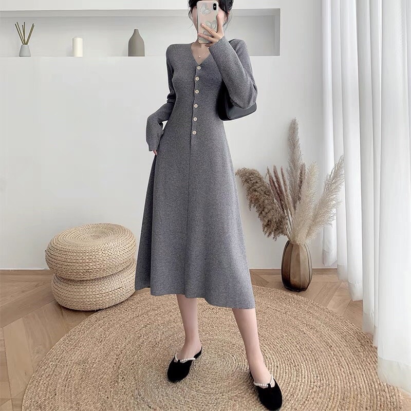 ⚡️BÁN SỈ⚡️Đầm xoè dài tay phối cúc 2 màu đen xám