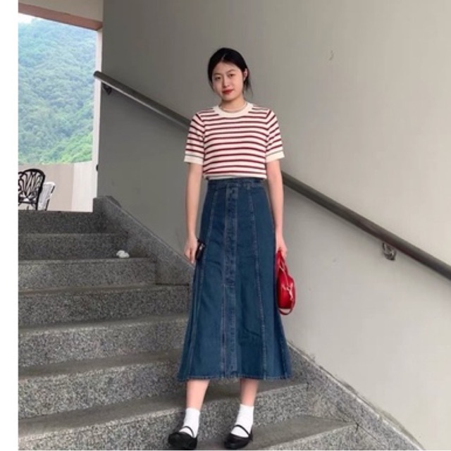 Chân váy jean dáng dài chữ A, chân váy bò xoè kéo khoá phía sau theo phong cách Hàn Quốc 2021 hàng ỏder Taobao