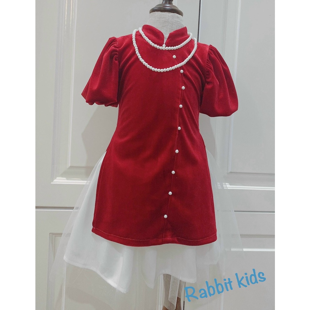 Áo Dài Cách Tân Cho Bé FREESHIPTặng Bờm Nhung - Đầm Tết Bé Gái – Váy Trẻ Em Nhung Đỏ Hàng Thiết Kế Cao Cấp