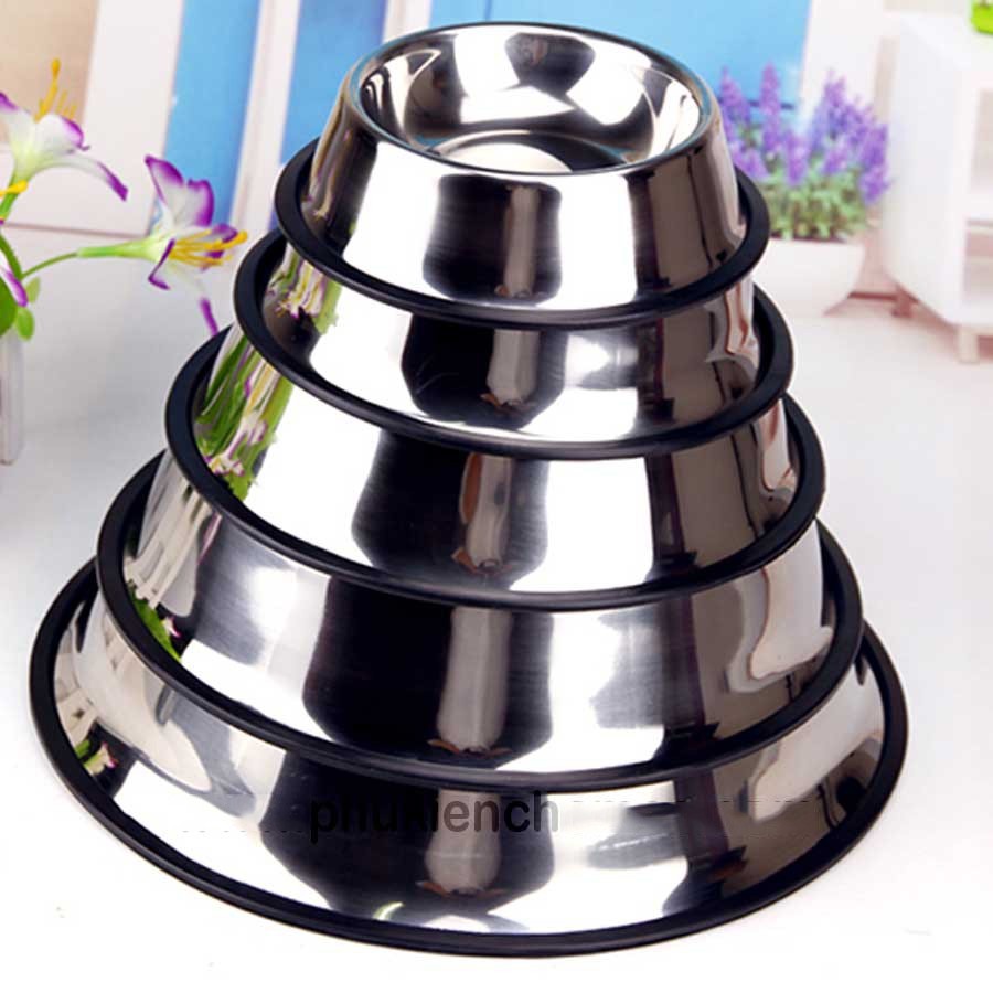 Bát ăn inox trơn dành cho chó mèo, chống lật, chống trượt, size 15-30cm - Jpet shop