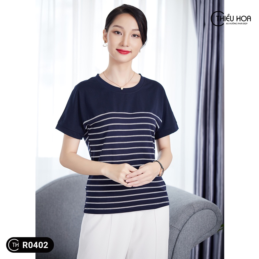 Áo Thun Trung Niên Nữ Cao Cấp  hoạ tiết sọc ngang, Áo Phông Trung Niên chất liệu Cotton mềm mịn, thiết kế đơn giản