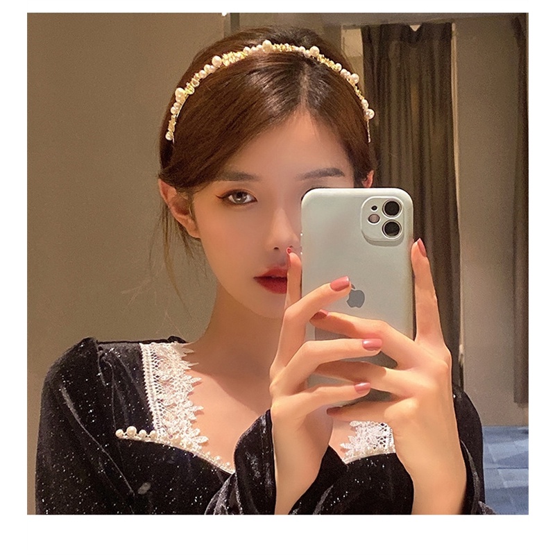 Băng Đô Họa Tiết Lá Cây Đính Ngọc Trai Phong Cách Hàn Quốc