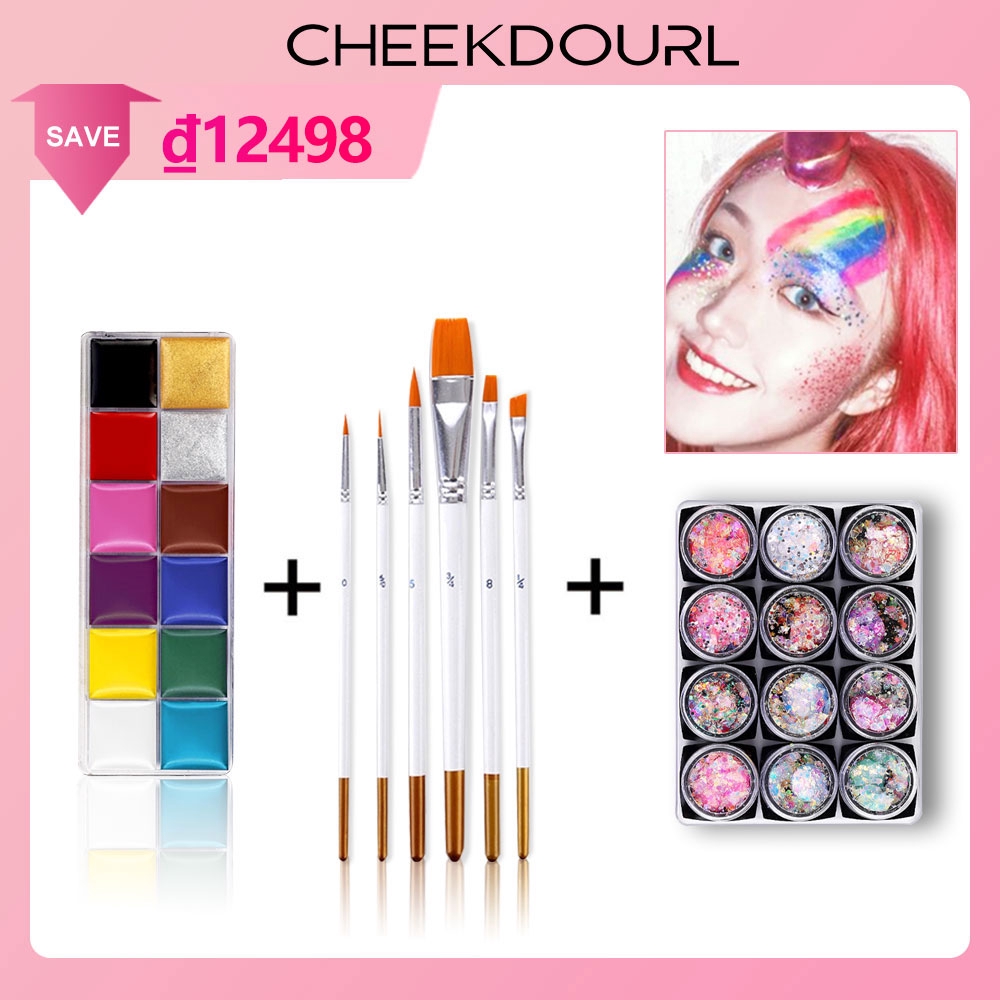 Hộp 12 màu vẽ trang trí cơ thể/khuôn mặt + 6 cọ vẽ + 12 hộp kim tuyến trang trí lấp lánh