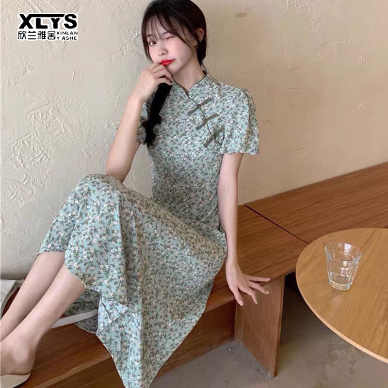 Đầm sườn xám cách tân XINLANYASHE tay ngắn cổ đứng in hoa cỡ lớn dễ thương