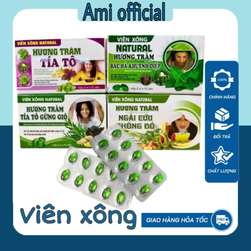 Viên xông tinh dầu bạc hà, khuynh diêp, tía tô chiết xuất thiên nhiên Natural , hộp 20 viên