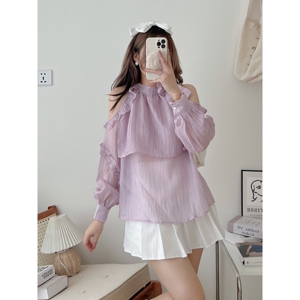 Áo sơ mi dài tay voan tơ trễ vai bánh bèo LOLI