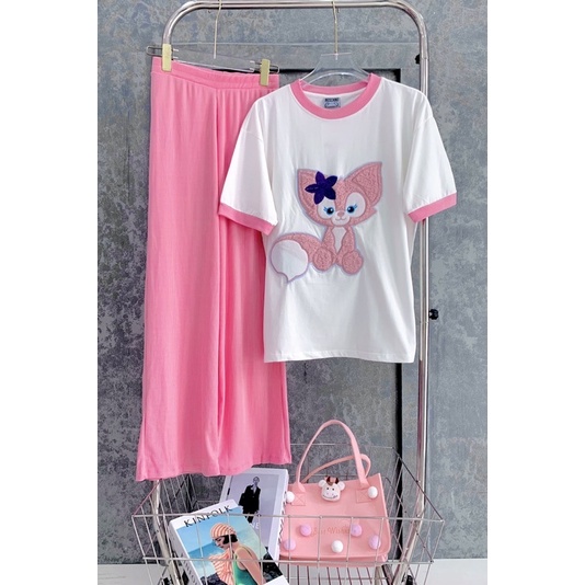 Set áo cotton cáo hồng thêu phối viền tay quần suông gân hình thật L12