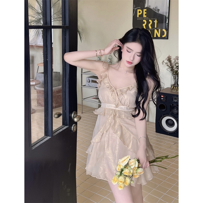 Đầm Chiffon Hai Dây Dây Chéo Viền Ren Thời Trang Hàn Quốc Thiết Kế Mới Mùa Hè Cho Nữ